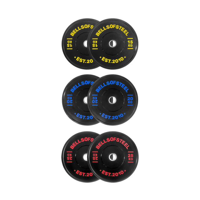 Six Bells of Steel Dead Bounce Conflict Bumper Plate Sets—yellow (15 kg), blue (20 kg), and red (25 kg)—come in pairs, read "EST. 2010," and deliver a reliable dead bounce for safer lifts.