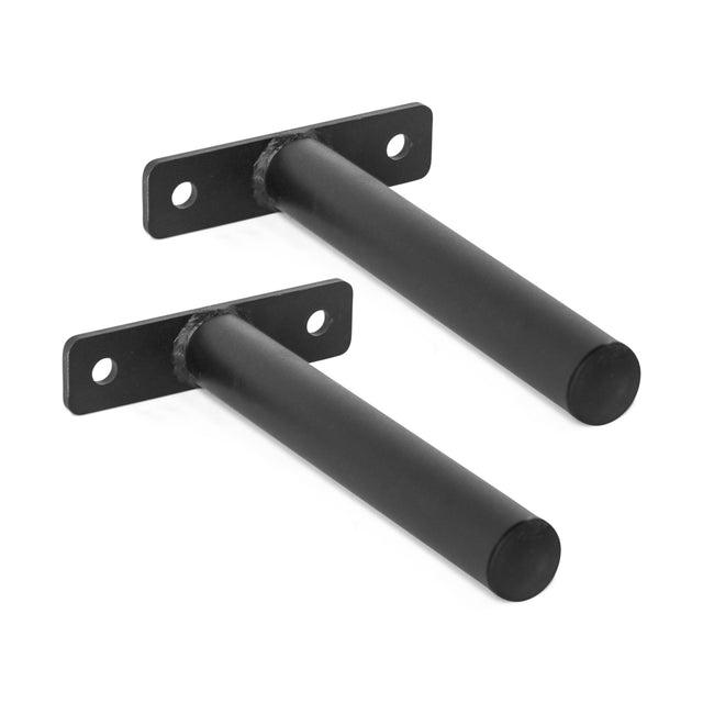 The Bells of Steel Bolt-On Plate Pegs are black metal wall brackets with cylindrical rods and rectangular plates, each plate has two mounting holes. Perfect as rack-mountable pegs for storing Olympic weight plates on a power rack.