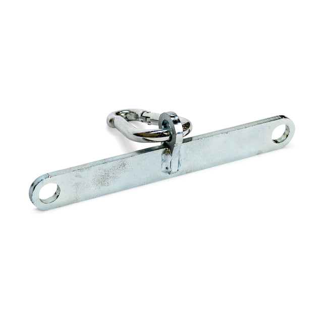 The Bells of Steel 2 to 1 Cable Attachment Adapter is a metal bracket with two holes at each end and a central loop with a carabiner clip, designed for securing or hanging objects on a Weight Stack Cable Tower.