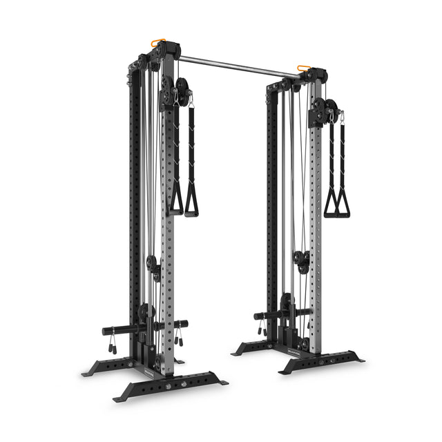 The Bells of Steel Cable Tower Squat Stands feature weight stacks, handles, a pull-up bar, and a black frame with adjustment holes and silver details—perfect for versatile home gym strength training.