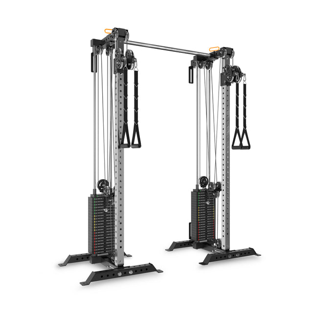 The Bells of Steel Cable Tower Squat Stands feature dual adjustable pulleys, weight stacks, handles, and a pull-up bar—ideal for diverse strength training in gyms or home gyms.
