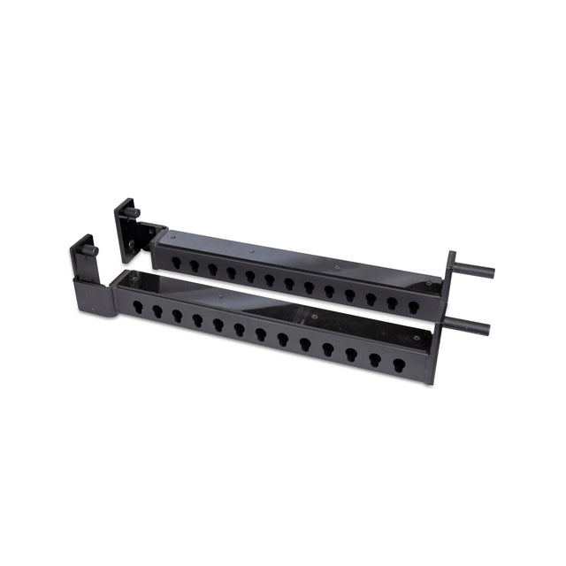 Bells of Steel Flip-Down Safeties are black metal attachments with multiple adjustment holes and pins, designed to mount on your power rack for improved safety during weightlifting sessions.