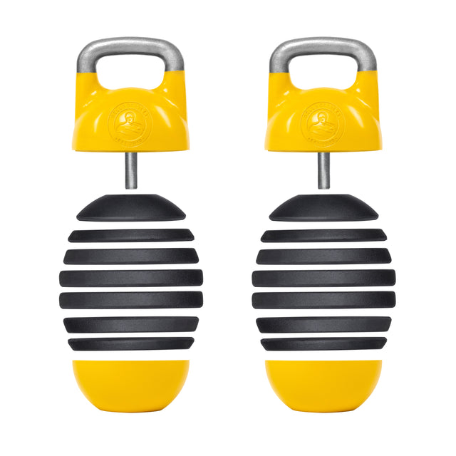 The Bells of Steel Adjustable Competition Kettlebell features a distinctive design with a yellow rounded base, black horizontal discs for easy weight increments, and a yellow handle with a round lock at the top for a competition-style feel. Available in two yellow and black variants.