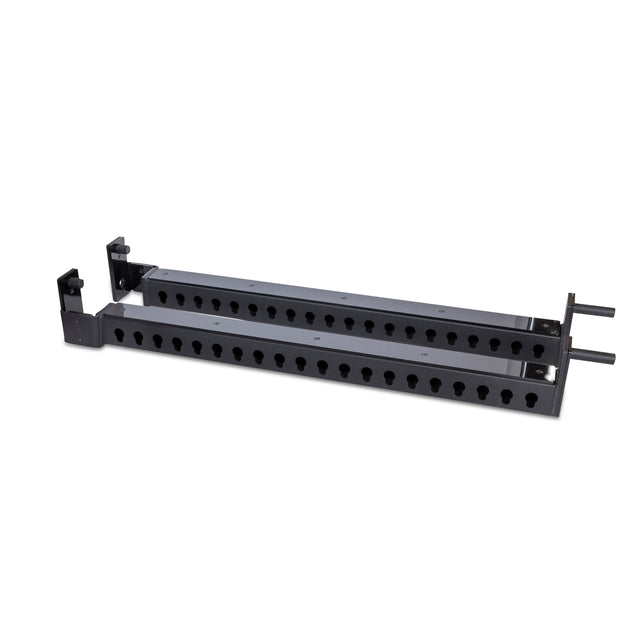 The Bells of Steel Flip-Down Safeties are sturdy black metal brackets with multiple holes, designed to provide secure support on your power rack for safer training—similar to heavy-duty mounts used in server racks.