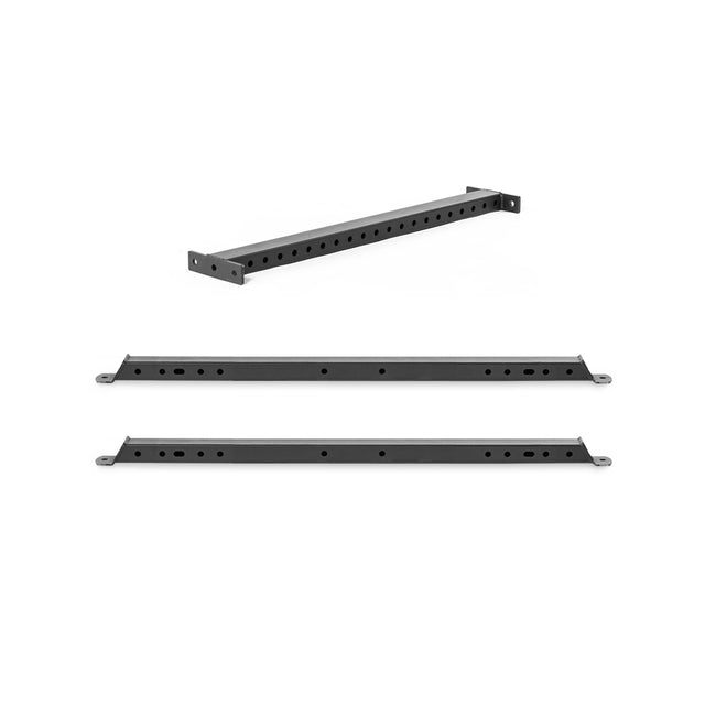 The Bells of Steel Hydra Flat Foot Components, a black metal rack mount rail kit with multiple holes, is shown from three angles. Its flat foot support system enhances power rack stability—perfect for server racks or network cabinets.