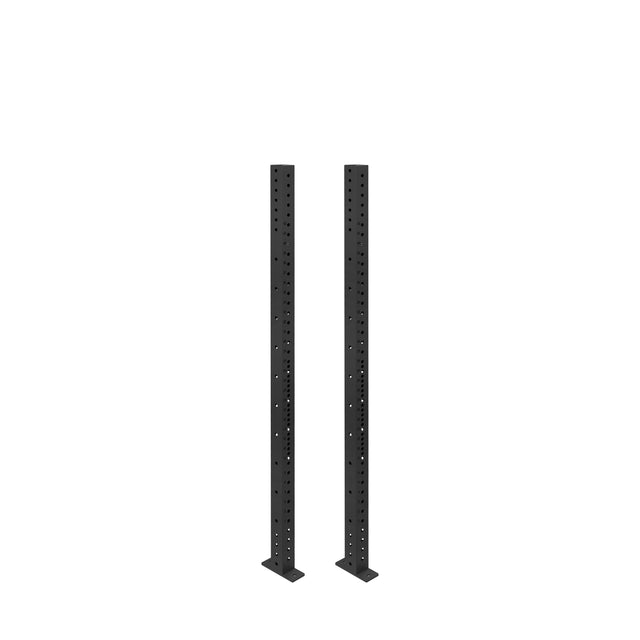 Two tall, black Bells of Steel Hydra Vertical Uprights with multiple holes stand upright on flat rectangular bases against a plain white background.