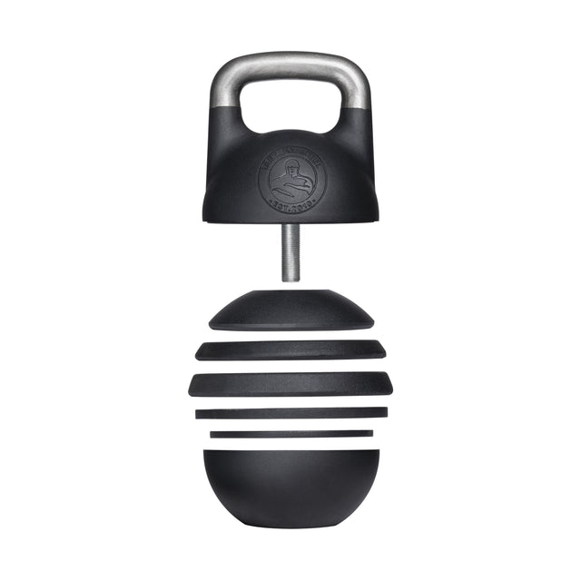 The Bells of Steel Adjustable Competition Kettlebell features a black design with a detachable handle and tiered, separated weight plates—versatile for any kettlebell set.