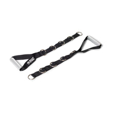 Two black Adjustable Length Aluminum Handles by Bells of Steel, featuring padded gray grips and multiple metal D-rings, are displayed on a white background. These adjustable handles are ideal for cable machine workouts or resistance training.