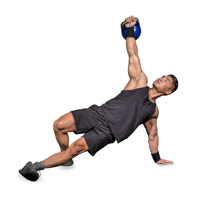 A man in athletic wear does a Turkish get-up, holding a blue kettlebell overhead while wearing Bells of Steel BellGuard Kettlebell Wrist Guards (Pair), popular with kettlebell lifters, against a white background.