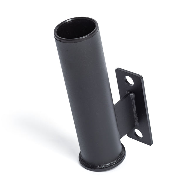 The Bells of Steel Vertical Mount Barbell Holder Rack Attachment is a black metal cylindrical tube on a rectangular base plate with screw holes, designed for secure barbell storage and better rack organization.
