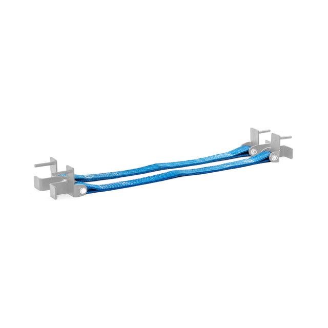 The Bells of Steel Safety Straps for Hydra & Manticore Racks are blue braided straps with two white plastic brackets featuring multiple mounting points, ideal for securely organizing and protecting cables or equipment.