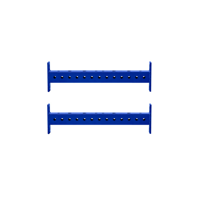 Two Hydra Crossmembers by Bells of Steel, blue horizontal metal bars with evenly spaced holes, are parallel to each other against a plain white background.