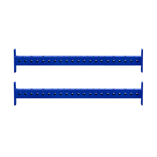 Two horizontal blue Bells of Steel Hydra Crossmembers, each featuring evenly spaced holes along their length, are positioned parallel to each other on a white background.
