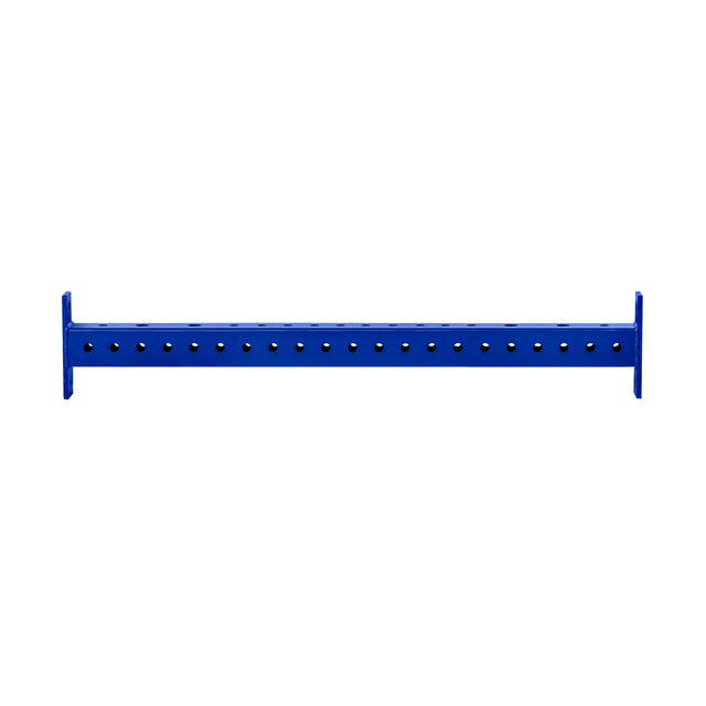 A blue Hydra Crossmember by Bells of Steel, set against a white background, features evenly spaced holes along its metal length for power rack attachments.