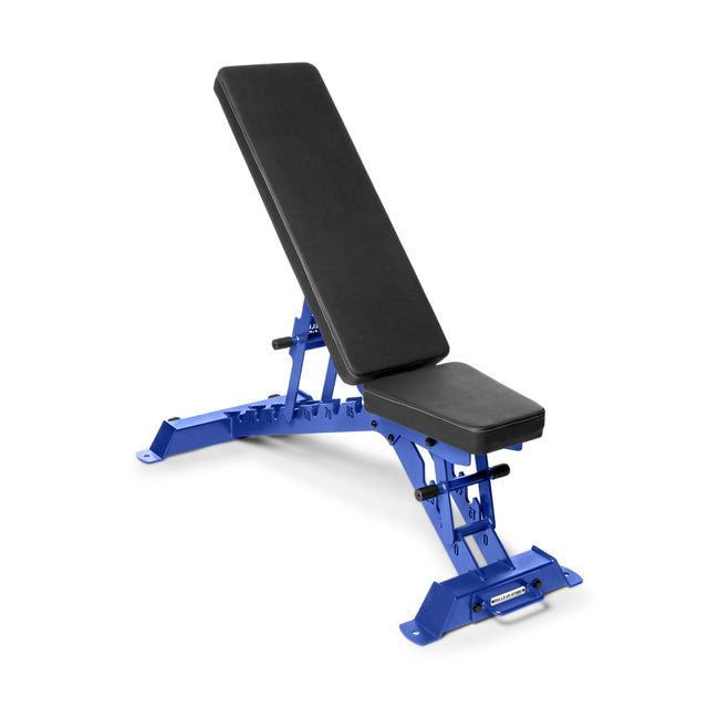 The Buzz-Saw Heavy-Duty Adjustable Bench by Bells of Steel features a black padded seat and backrest, set to an incline position on a durable blue metal frame, perfect for intense workouts.