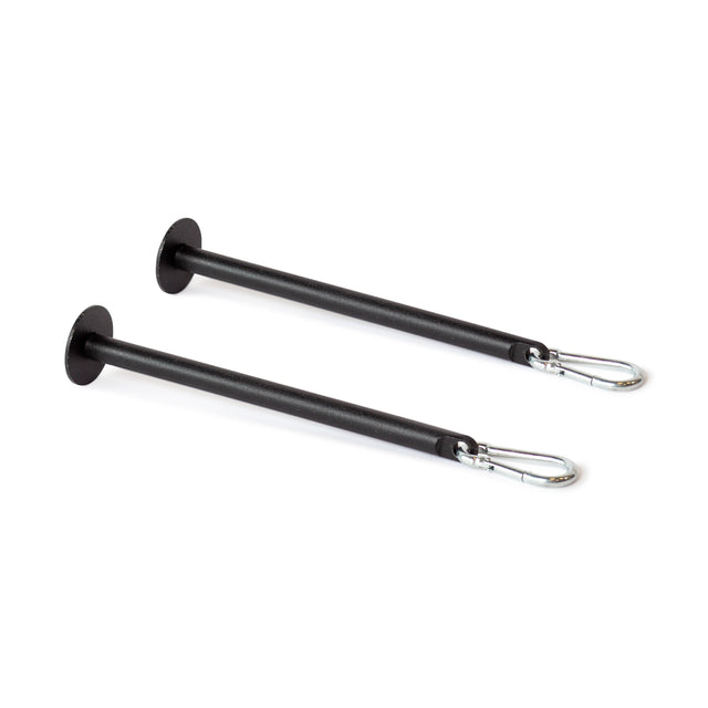 The Bells of Steel Band Pegs with Carabiners—two black metal pegs with flat circular ends and silver carabiner clips—are perfect for resistance training or use with your power rack.
