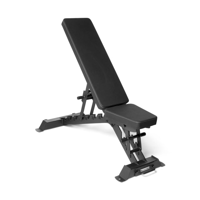 The Buzz-Saw Heavy-Duty Adjustable Bench from Bells of Steel is essential gym equipment featuring a black cushioned seat and backrest, sturdy metal frame, multiple incline settings, and stability supports.