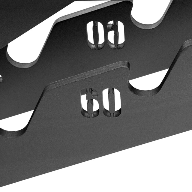 Close-up of the Buzz-Saw Heavy-Duty Adjustable Bench by Bells of Steel, featuring a heavy-duty black metal rack with slots numbered "60" and "40" in a bold, modern font.