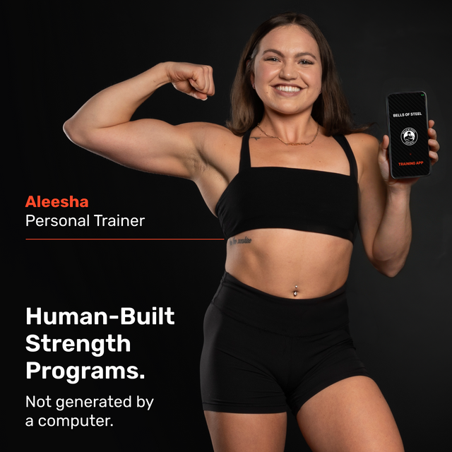 A woman in athletic wear flexes her arm, showing the Bells of Steel Training App on her phone. Text: "Aleesha, Personal Trainer. Human-Built Programs by Bells of Steel for your home gym—not computer generated.