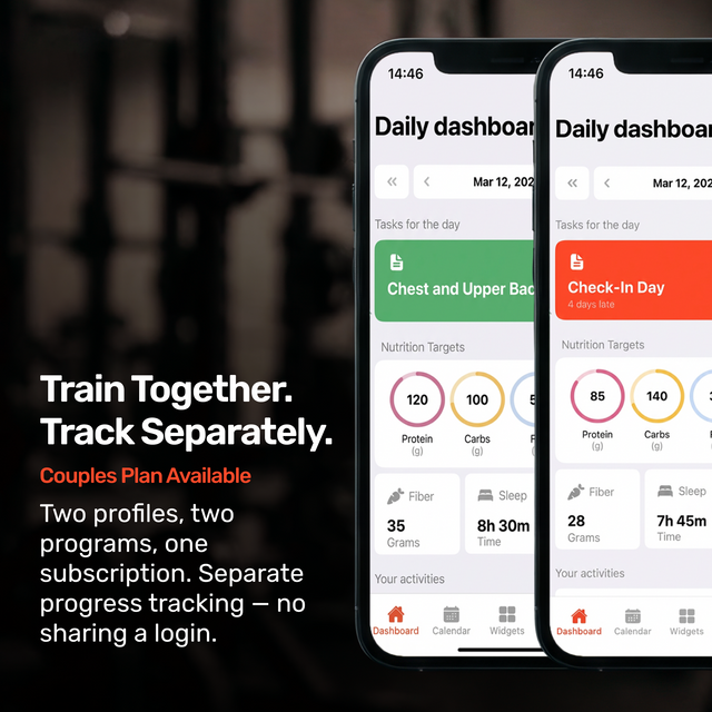 Two smartphones show the Bells of Steel Training App by Bells of Steel with nutrition and activity tracking. A couples plan lets home gym partners have separate profiles and track progress together under one subscription.