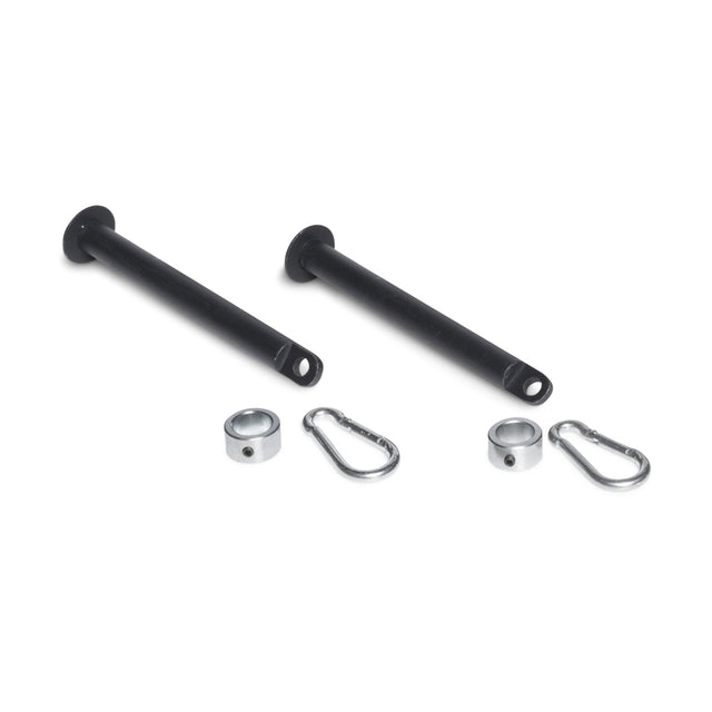 Two black Bells of Steel Band Pegs with holes, two silver collars, and two metal carabiners—a perfect set for resistance training with your power rack—neatly displayed on a white background.