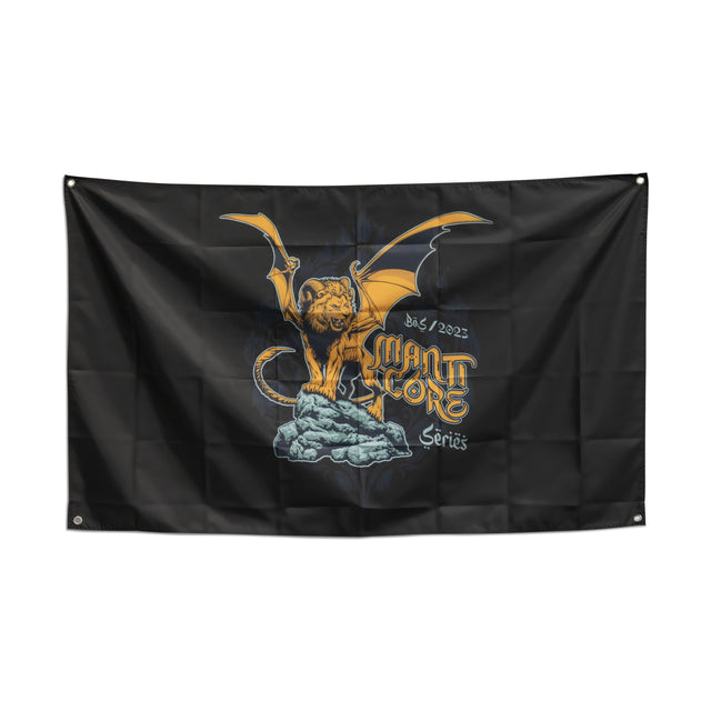 The Bells of Steel Flags feature a black home gym design with an illustrated manticore—yellow wings, lion's body, standing on rocks. "Manticore Series" and "D&S / 2023" text adds bold style to your workout space.