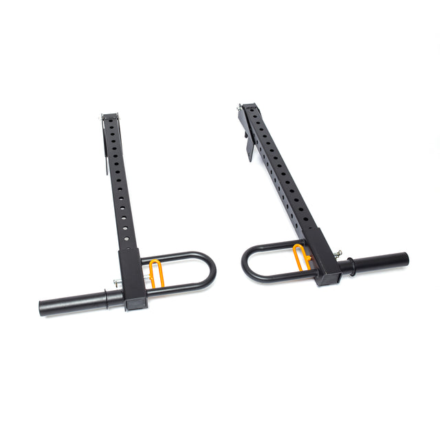 Two black, L-shaped adjustable metal brackets with orange locking pins, designed as the Lever Arms Rack Attachment by Bells of Steel, shown on a white background. Suitable for Hydra Lever Arms or supporting an adjustable pull-up bar.