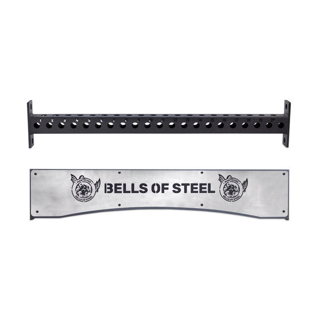 The Bells of Steel Logo Plate Crossmembers attach to a Hydra power rack and feature a separate silver plate displaying the brand logo with illustrated dog heads on each side.