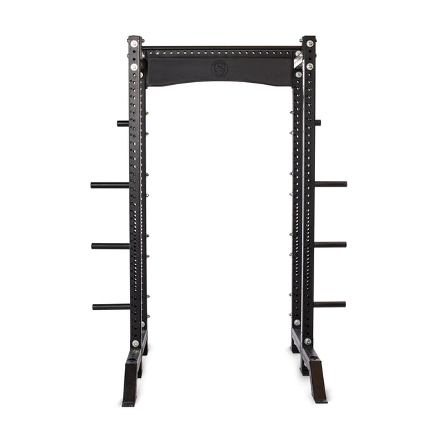 The Bells of Steel Hydra Collegiate Power Rack - Prebuilt (3" x 3", ⅝" Holes) is a black steel rack with multiple weight plate holders on each side, designed for strength training, shown upright against a white background.