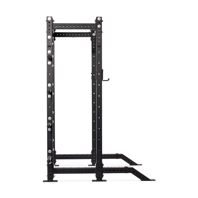 The Bells of Steel Hydra Collegiate Power Rack - Prebuilt (3" x 3", ⅝" holes) is a sturdy black rack with adjustable attachments, perfect for weightlifting and home gyms, shown standing on a flat white background.