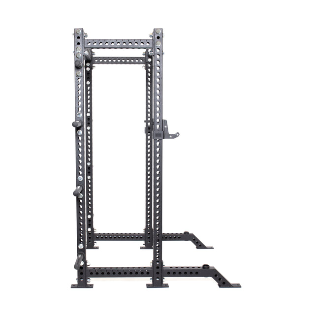 The Bells of Steel Manticore Collegiate Power Rack Builder (3" x 3", 1" holes) is a black metal rack with adjustable attachment holes and sturdy, wide feet, perfect for stability and versatility in any home gym or weightlifting space.