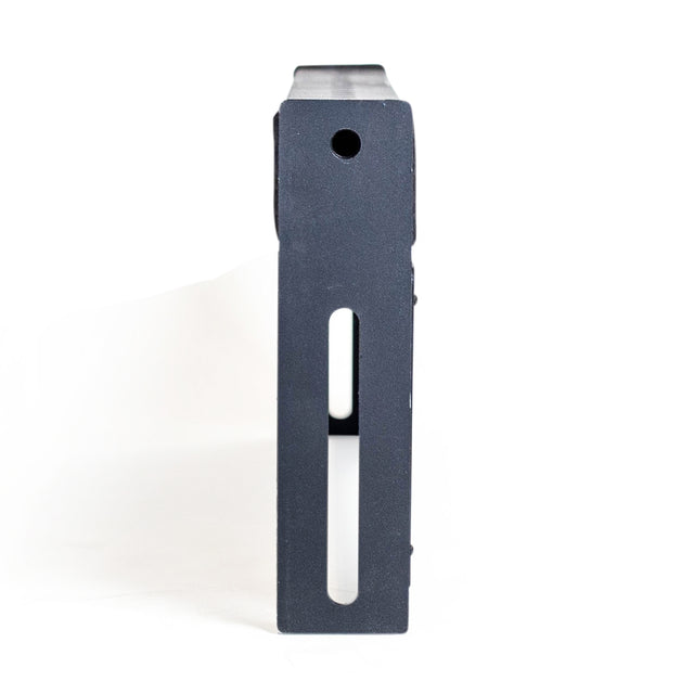 Rectangular black metal Logo Plate Crossmember by Bells of Steel, viewed upright from the side with a circular hole at the top and a vertical slot below, is set against a white background.