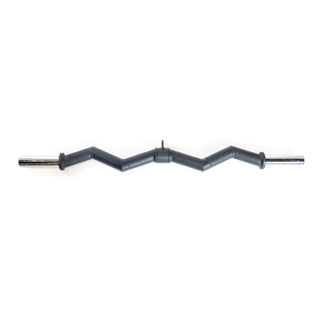 Straight-on view of a Bells of Steel Fat Bar - Olympic Curl Bar Cable Attachment featuring a zigzag shape and two chrome ends, designed to enhance grip strength during weightlifting exercises, against a plain white background.