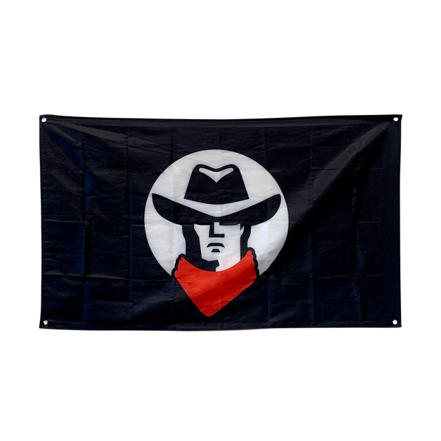 The Bells of Steel Flags feature a black design with a white circle showing a stylized figure in a wide-brimmed hat and red bandana—an eye-catching addition to your home gym decor.
