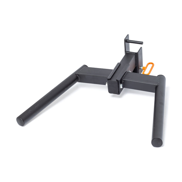 The Y Dip Bar Rack Attachment by Bells of Steel is a black metal hitch with two parallel arms. It features an orange handle on one side and a top hook mechanism, ideal for securing or towing power racks, against a plain white background.