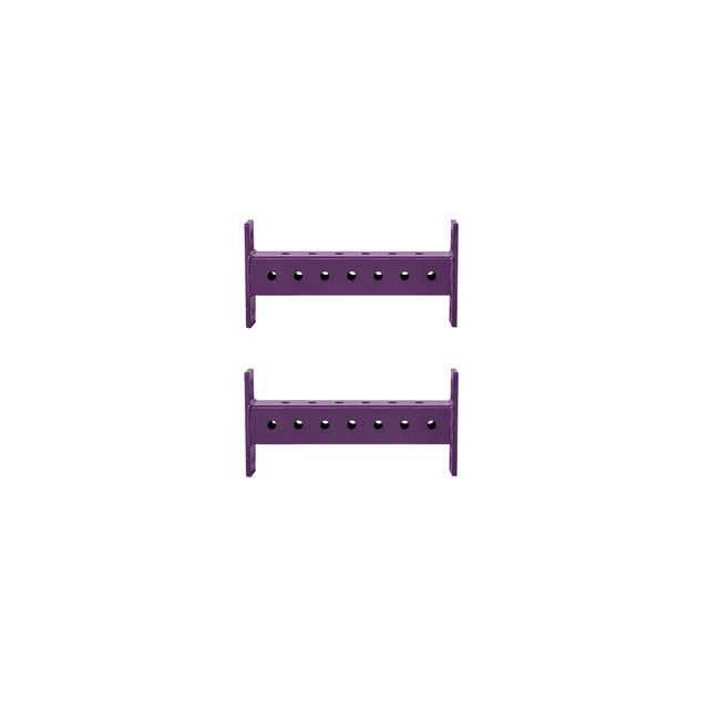 Two identical purple Hydra Crossmembers by Bells of Steel, each with a row of evenly spaced holes, are stacked vertically on a white background—ideal as crossmembers for 3x3 Hydra Racks and compatible power rack attachments.