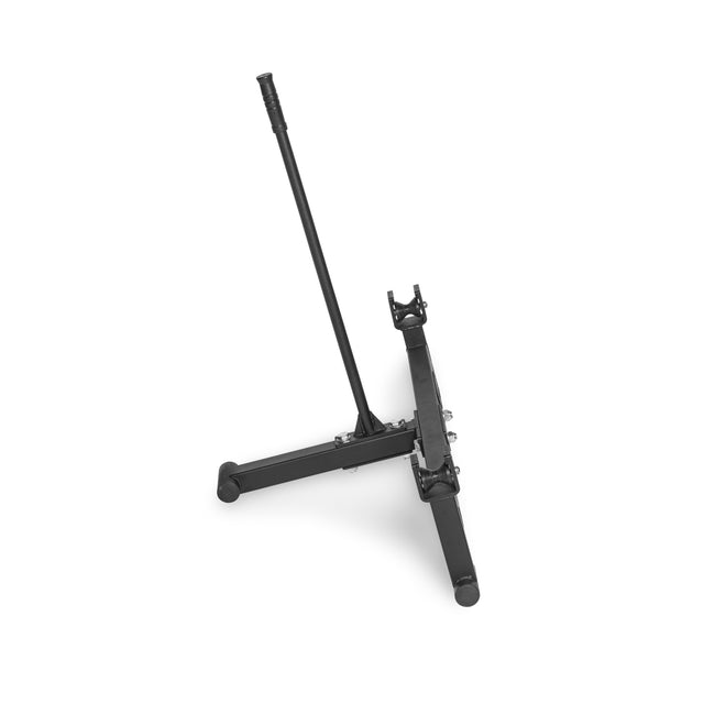 The Bells of Steel Deadlift Jack with Rollers is a black metal stand with an upright arm and adjustable supports for lifting and aligning barbells, featuring a sturdy design similar to a bike truing stand, shown against a white background.