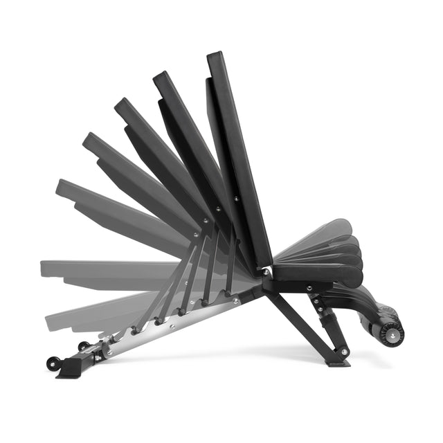 The Bells of Steel Flat/Incline/Decline Weight Bench - Commercial is shown in multiple positions from flat to upright, highlighting its muscle-targeting capabilities. This black bench features a padded seat and wheels for easy mobility.