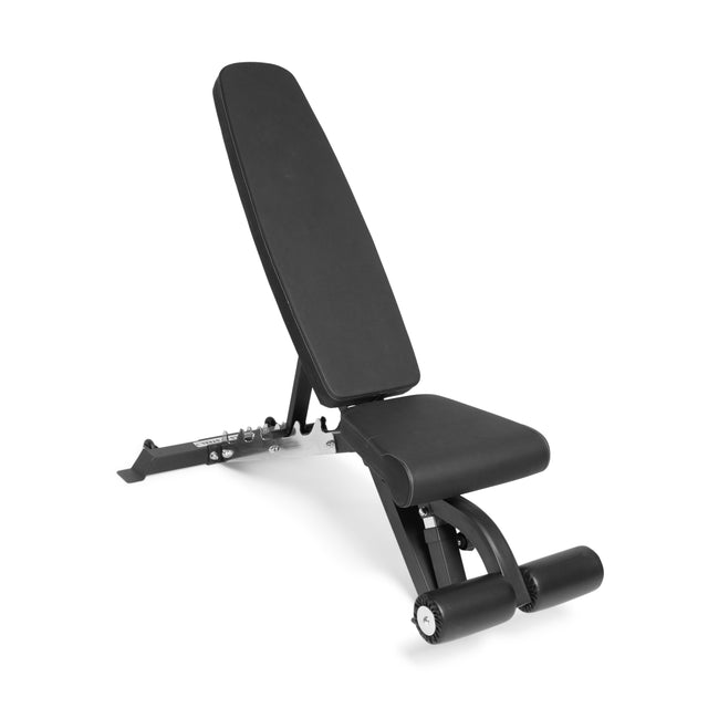 The Bells of Steel Flat/Incline/Decline Weight Bench - Commercial features a sturdy steel frame, black padded seat and backrest, and front leg rollers. Perfect for muscle targeting with support for various incline positions.