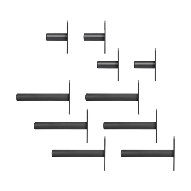 Bells of Steel Bolt-On Plate Peg Sets are black metal wall brackets with identical cylindrical designs and varying lengths, each featuring a flat vertical mounting plate at one end, shown neatly arranged on a white background.