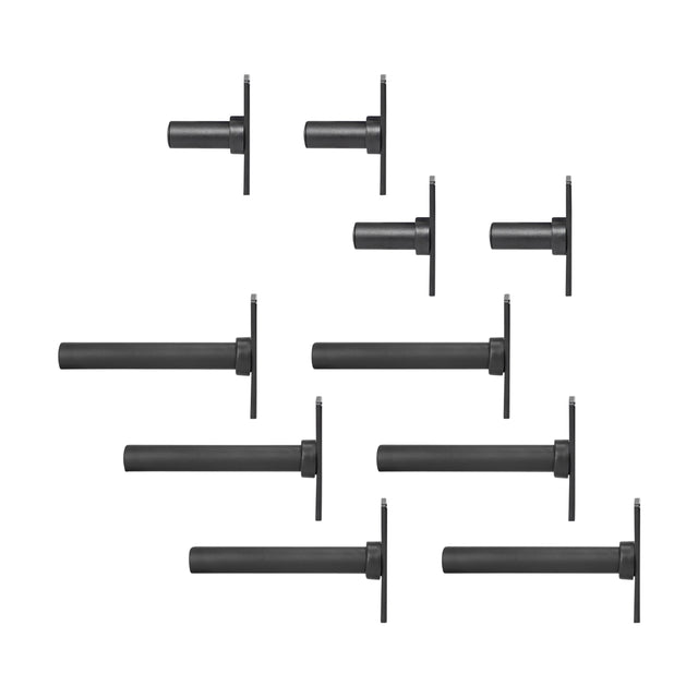 Ten Bells of Steel Bolt-On Plate Peg Sets in black metal, featuring rectangular bases and cylindrical rods, are evenly aligned on a white background—perfect for weight plate storage.