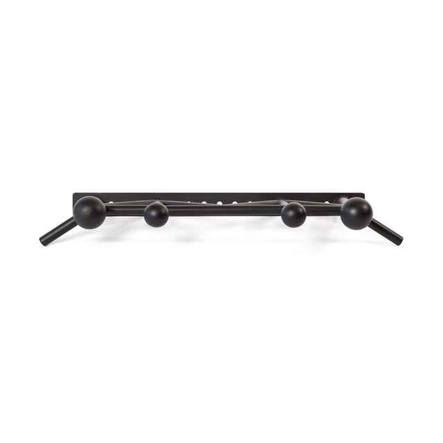 The Globe Pull Up Bar by Bells of Steel features a modern black rack with four large round knobs and two angled arms, blending minimalist geometric design—ideal for hanging coats, bags, or as a convenient strength training station.