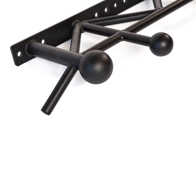 A close-up of the Bells of Steel Globe Pull Up Bar, a black wall-mounted rack with two spherical grip ends and angled supports, made from sturdy steel and photographed against a white background.