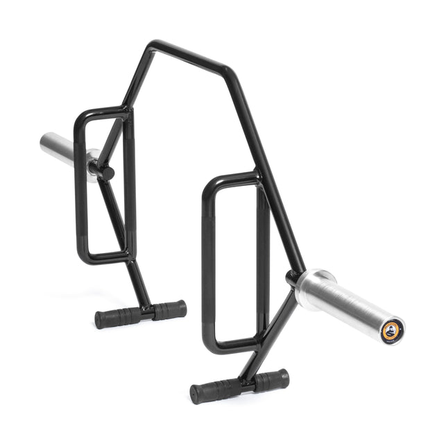 The Bells of Steel Open Trap Bar is a black, hex-shaped bar with rotating silver sleeves, raised and standard textured handles, ideal for deadlifts and other weightlifting exercises.