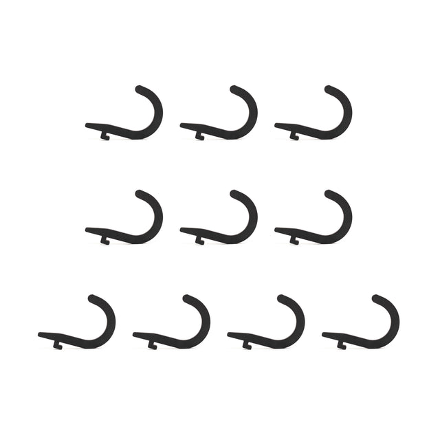 Ten identical Bells of Steel Utility Hooks are evenly spaced in four rows on a white background. Arranged in a grid with each hook facing the same direction, these versatile hooks are ideal for gym storage solutions.