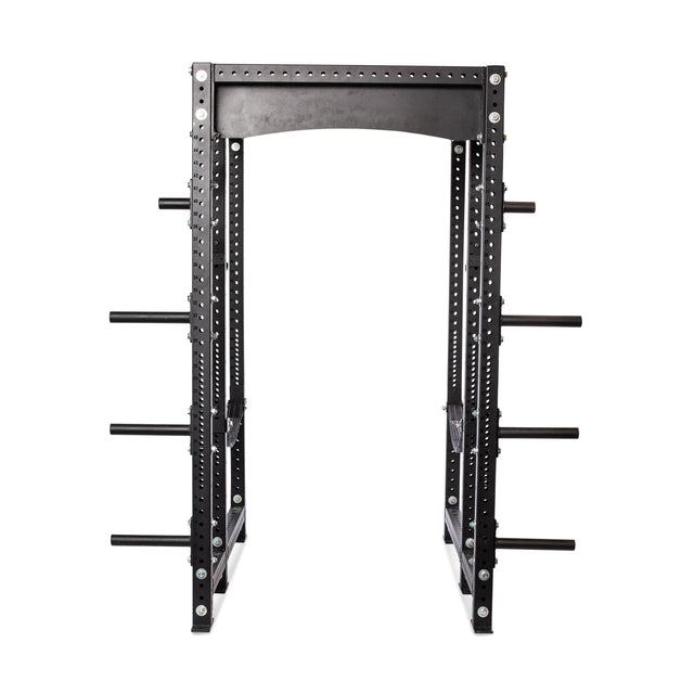 The Bells of Steel Hydra Six Post Power Rack - Prebuilt (3" x 3", ⅝" Holes) is a black metal power rack with multiple weight plate storage pegs, ideal for weightlifting and home gyms, shown against a plain white background.