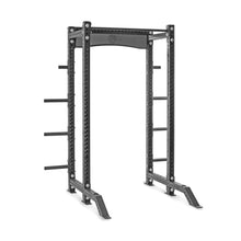 The Bells of Steel Hydra Collegiate Power Rack - Prebuilt (3" x 3", ⅝" holes) is a black metal rack for home gyms, offering adjustable barbell placement and side pegs for weight plate storage.