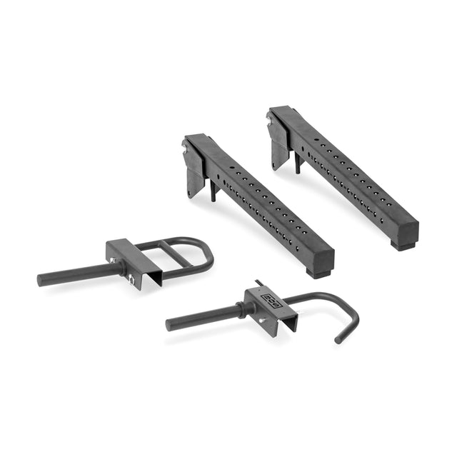 The Bells of Steel Lever Arms Rack Attachment includes two black steel arms with pin-and-hook design, made for use with a power rack or squat rack to enhance safety and support while lifting Olympic weight plates.