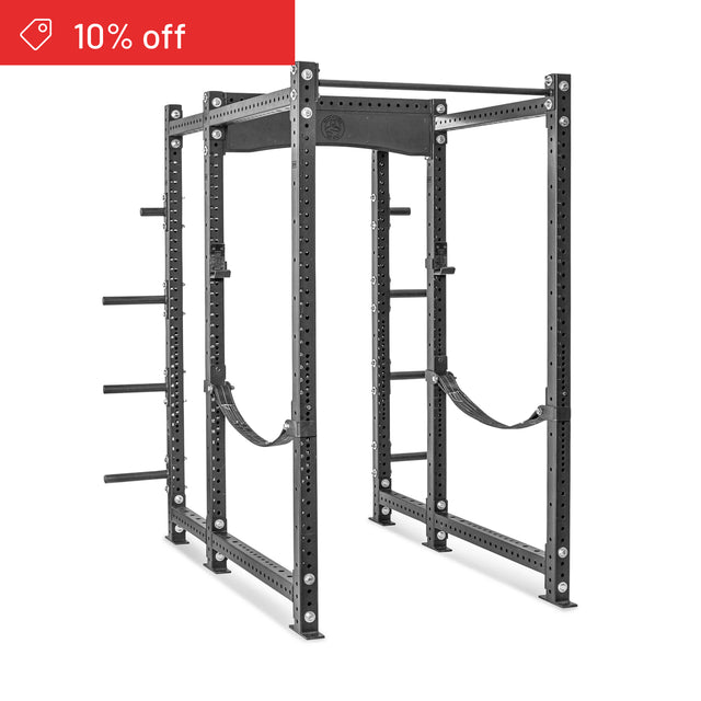 The Bells of Steel Hydra Six Post Power Rack Builder (3" x 3", ⅝" holes) in black metal features weight plate storage and stands on a white background. A red banner in the top left shows "10% off" in white text.