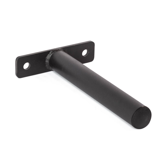 The Bells of Steel Bolt-On Plate Pegs are black metal brackets with a rectangular two-hole mounting plate and cylindrical rod, perfect for storing Olympic weight plates or adding rack-mountable storage to your power rack.